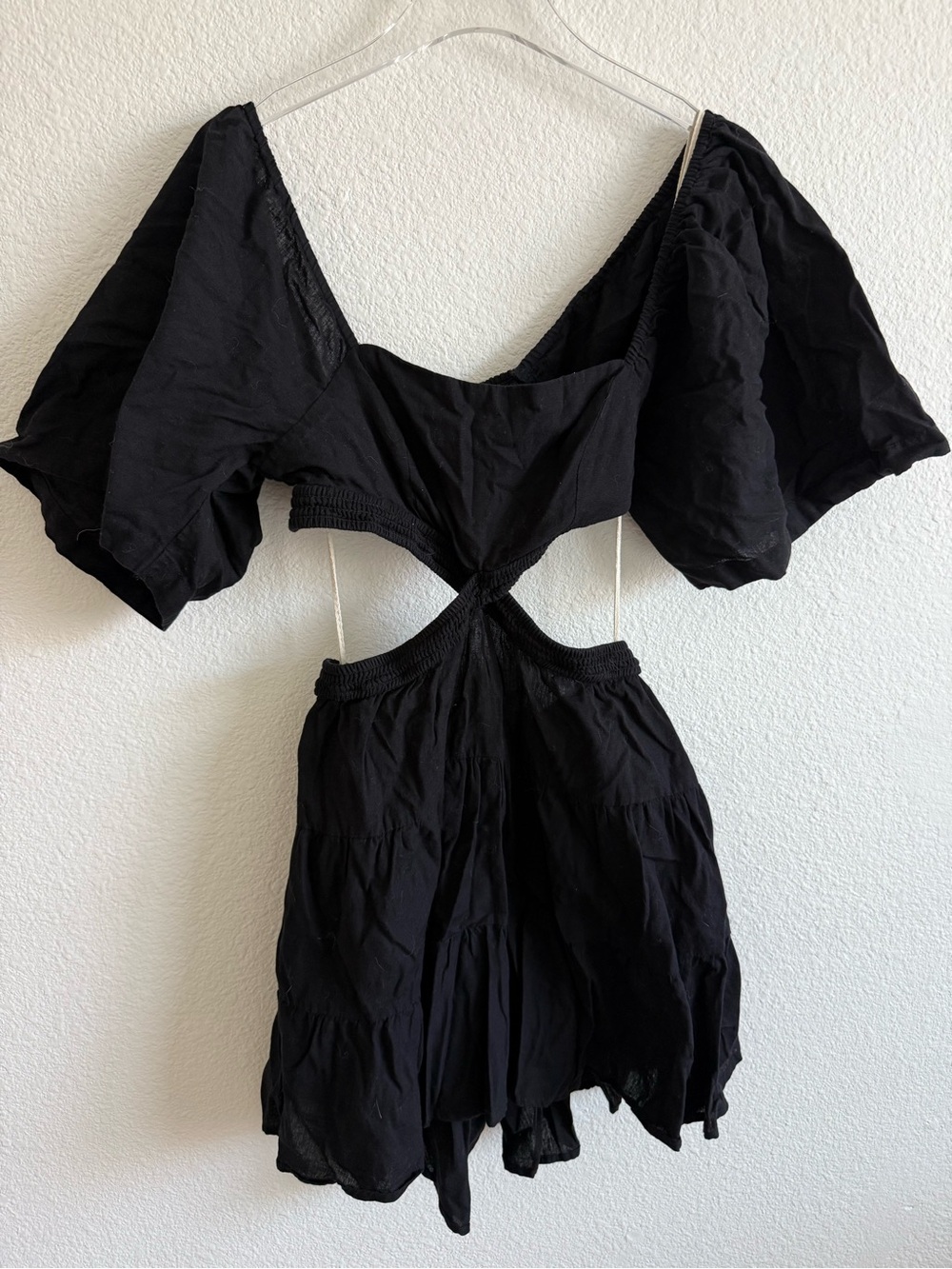 Free People Black Mini Dress with Cutout & Puff Sleeves